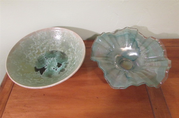 MURANO LIGHT GREEN RUFFLED DISH & CERAMIC BOWL