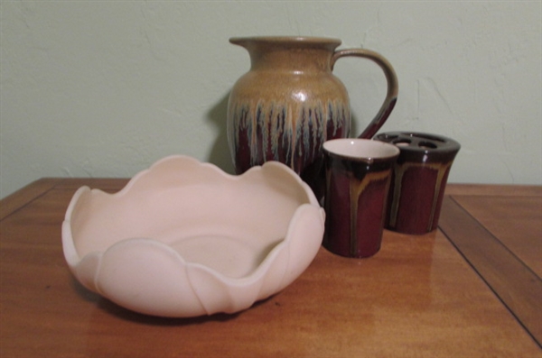 GLAZED STONEWARE PITCHER, CERAMIC TOOTHBRUSH HOLDER AND CUP PLUS FLOWER SHAPE PORCELAIN BOWL