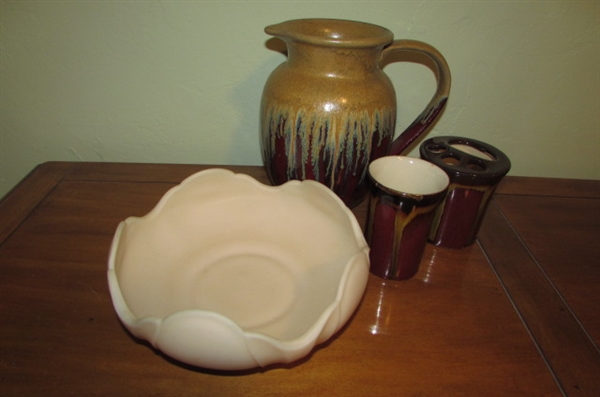 GLAZED STONEWARE PITCHER, CERAMIC TOOTHBRUSH HOLDER AND CUP PLUS FLOWER SHAPE PORCELAIN BOWL