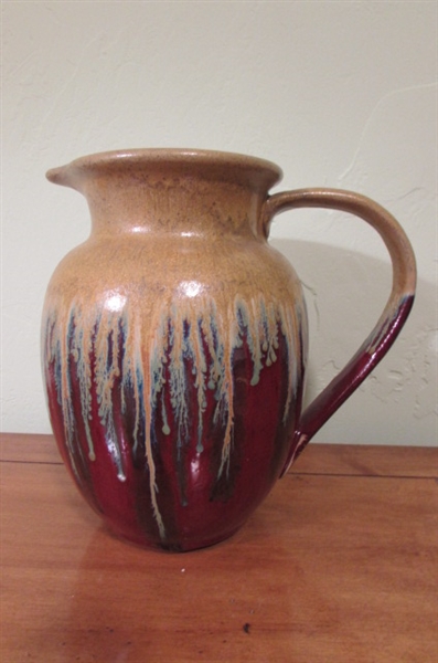 GLAZED STONEWARE PITCHER, CERAMIC TOOTHBRUSH HOLDER AND CUP PLUS FLOWER SHAPE PORCELAIN BOWL