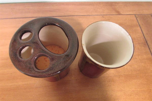 GLAZED STONEWARE PITCHER, CERAMIC TOOTHBRUSH HOLDER AND CUP PLUS FLOWER SHAPE PORCELAIN BOWL