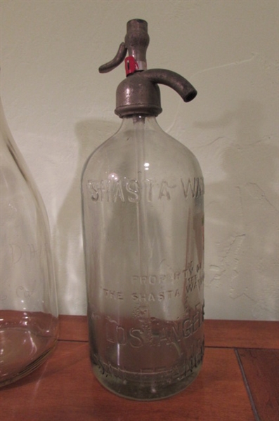 LARGER OLD BOTTLES INCLUDING A SHASTA WATER BOTTLE WITH PUMP