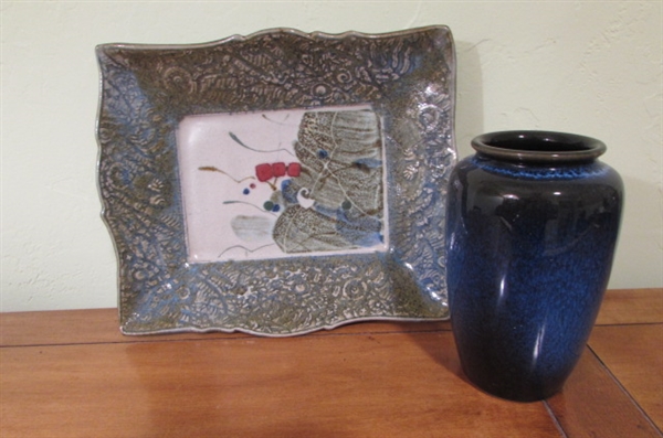 NICE GLAZED WALL TRAY AND BLUE VASE