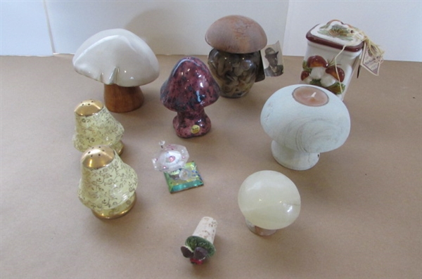 A VARIETY OF PORCELAIN, CEMENT, MARBLE MUSHROOMS