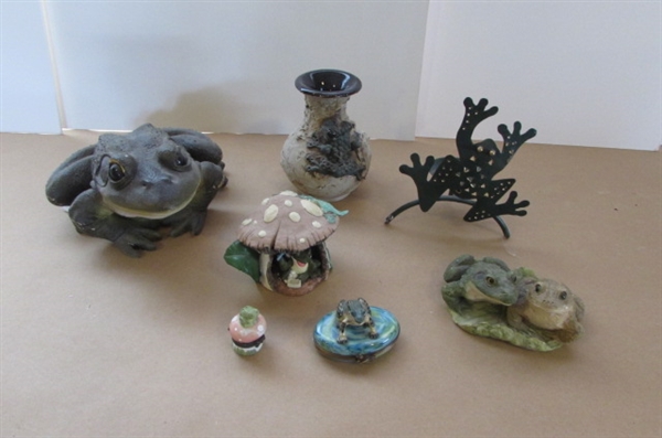 TINY FROG TRINKET BOXES. A VASE, CANDLE, AND GARDEN FROGS