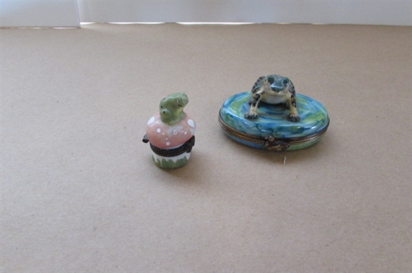 TINY FROG TRINKET BOXES. A VASE, CANDLE, AND GARDEN FROGS