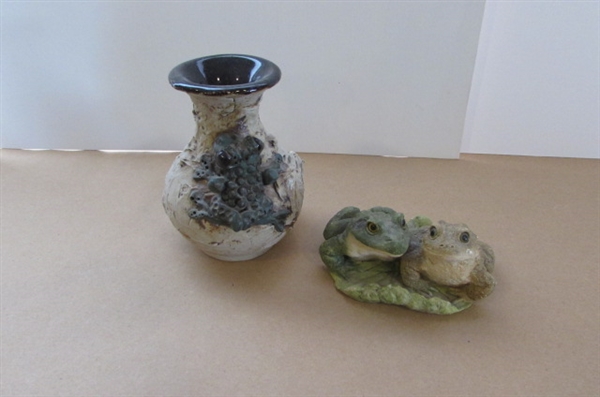 TINY FROG TRINKET BOXES. A VASE, CANDLE, AND GARDEN FROGS