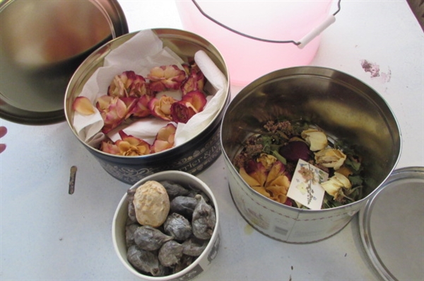 BUCKETS OF HAND DRIED FLOWERS, LEAVES, AND SUPPLIES PLUS HOW TO DRY FLOWER BOOKS