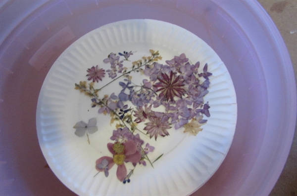 BUCKETS OF HAND DRIED FLOWERS, LEAVES, AND SUPPLIES PLUS HOW TO DRY FLOWER BOOKS