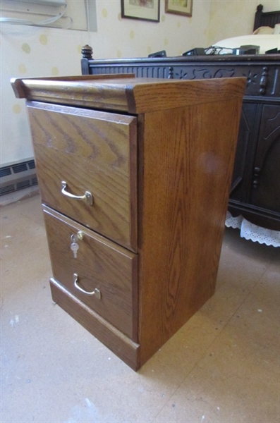 2 DRAWER OAK FILE CABINET WITH KEYS