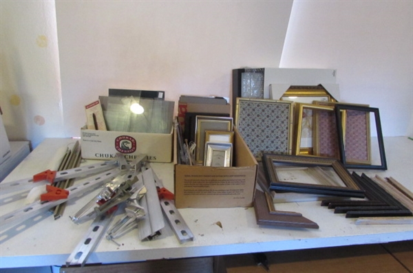 PICTURE FRAMES AND PIECES LOT IN WIRE BASKET