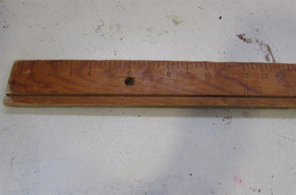 WOODEN CRAFT/DRAWING BOARD, VINTAGE YARDSTICK, AND RULER