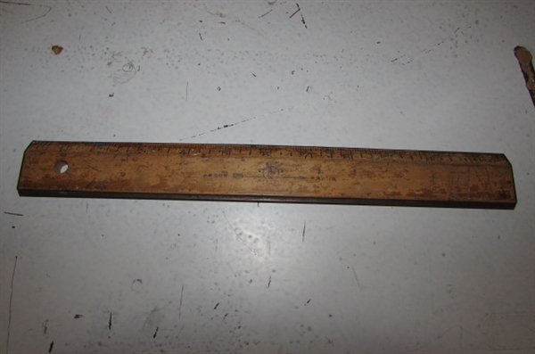 WOODEN CRAFT/DRAWING BOARD, VINTAGE YARDSTICK, AND RULER