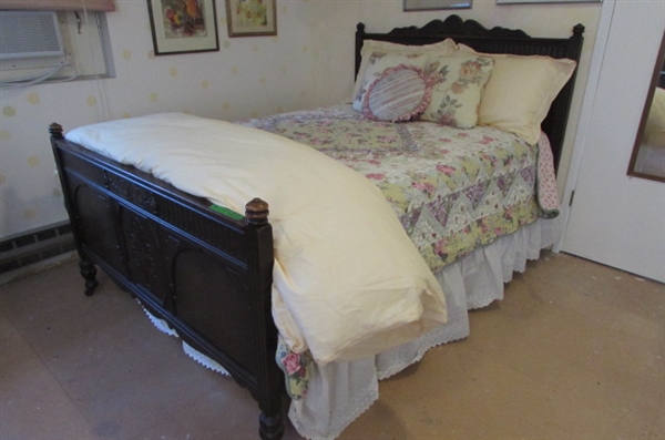 ANTIQUE FULL SIZE BED WITH BEDDING & PILLOWS