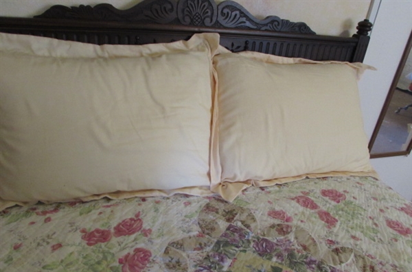 ANTIQUE FULL SIZE BED WITH BEDDING & PILLOWS