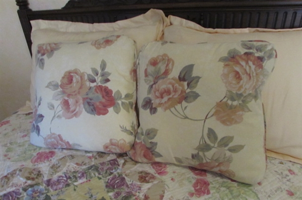 ANTIQUE FULL SIZE BED WITH BEDDING & PILLOWS