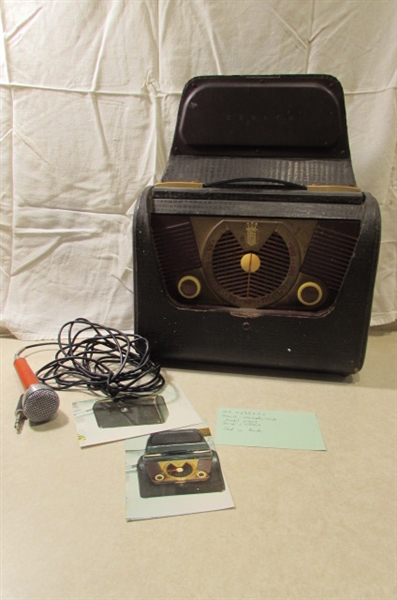 ANTIQUE ZENITH PORTABLE RADIO & VINTAGE MICROPHONE