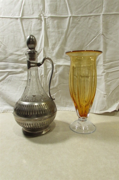 VINTAGE WINE CARAFE AND AMBER VASE