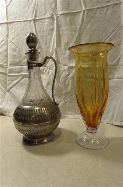 VINTAGE WINE CARAFE AND AMBER VASE