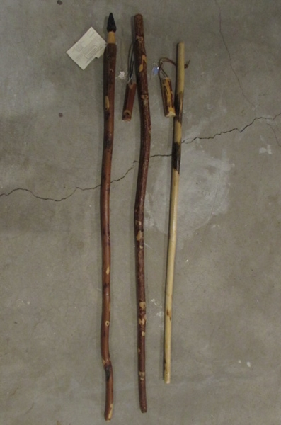 SHROOM STICK & 2 WOODEN WALKING STICKS WITH COMPASSES