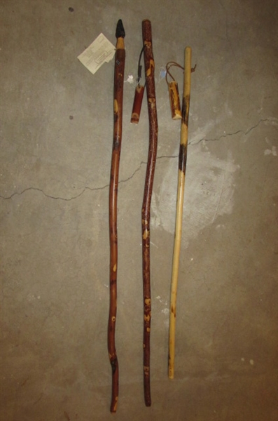 SHROOM STICK & 2 WOODEN WALKING STICKS WITH COMPASSES