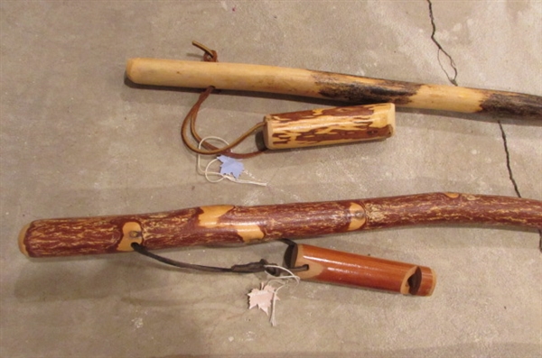 SHROOM STICK & 2 WOODEN WALKING STICKS WITH COMPASSES