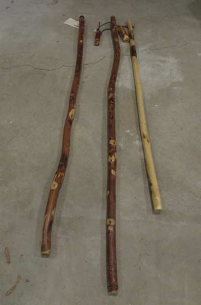 SHROOM STICK & 2 WOODEN WALKING STICKS WITH COMPASSES