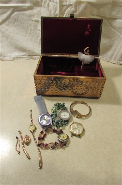 MUSICAL BALLERINA JEWELRY BOX WITH ASSORTED WATCHES