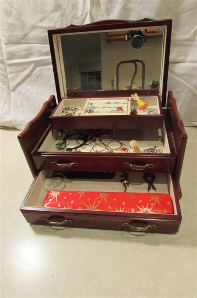 WOODEN JEWELRY BOX WITH ASSORTED JEWELRY