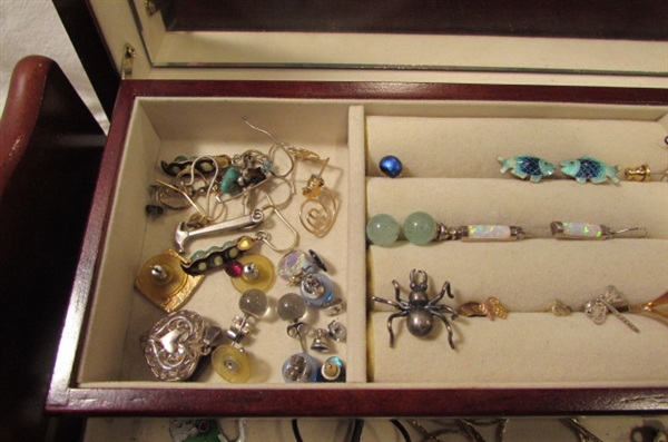 WOODEN JEWELRY BOX WITH ASSORTED JEWELRY