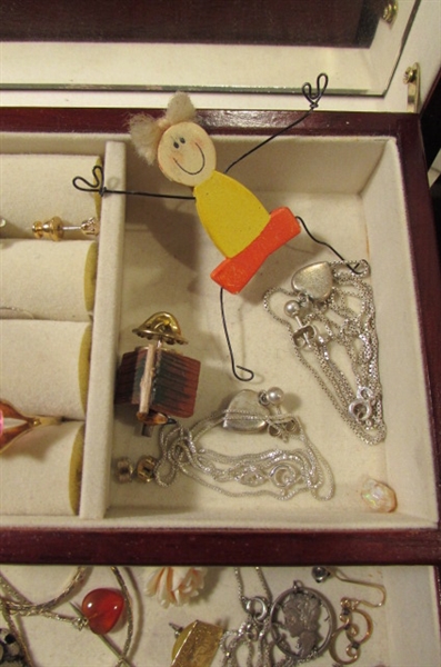 WOODEN JEWELRY BOX WITH ASSORTED JEWELRY