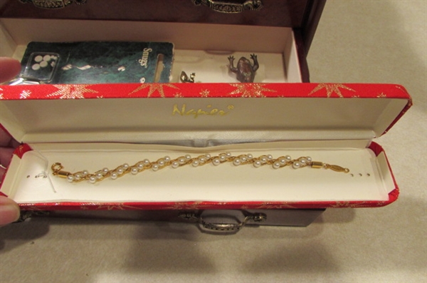 WOODEN JEWELRY BOX WITH ASSORTED JEWELRY