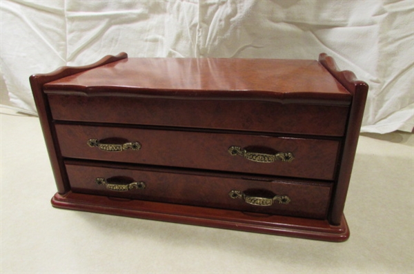 WOODEN JEWELRY BOX WITH ASSORTED JEWELRY