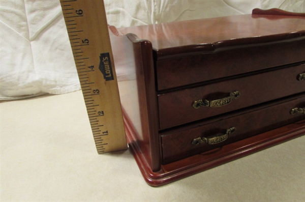 WOODEN JEWELRY BOX WITH ASSORTED JEWELRY