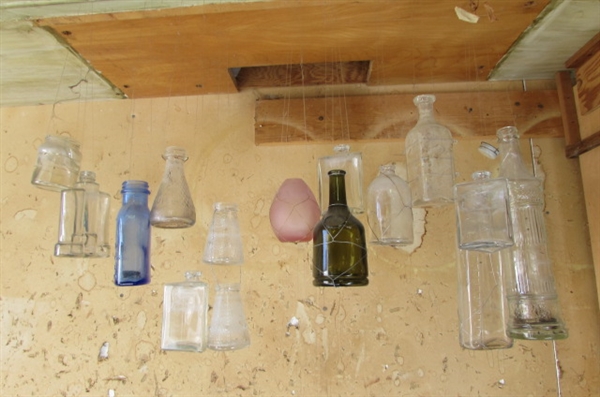 VINTAGE HANGING GLASS BOTTLES & JARS