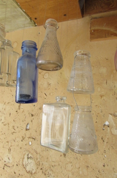 VINTAGE HANGING GLASS BOTTLES & JARS