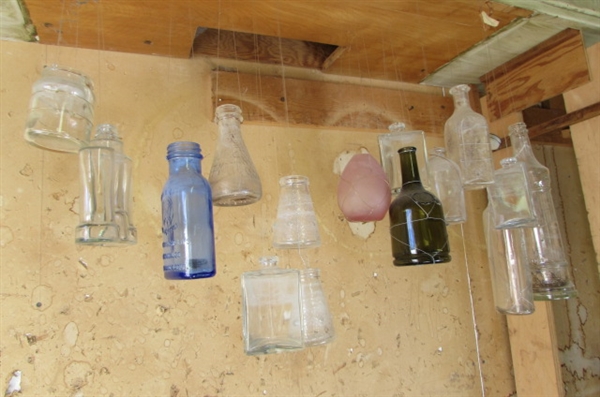 VINTAGE HANGING GLASS BOTTLES & JARS