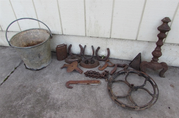 RUSTY RUSTIC ITEMS AND A BUCKET