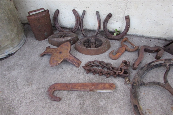 RUSTY RUSTIC ITEMS AND A BUCKET