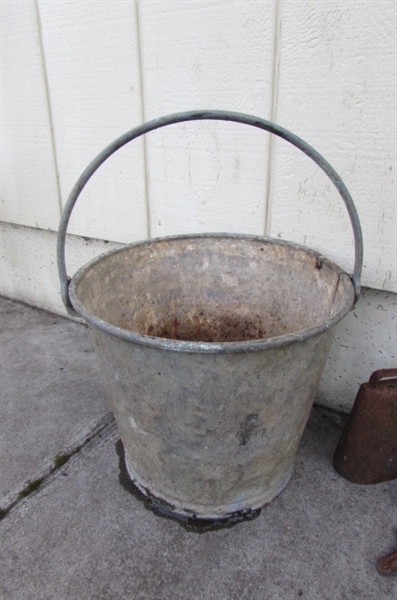 RUSTY RUSTIC ITEMS AND A BUCKET