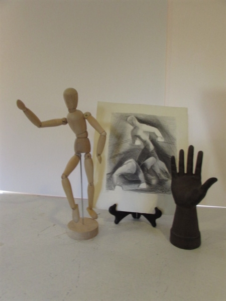 SIGNED & NUMBERED PENCIL DRAWING, POSEABLE MANNEQUIN, CAST IRON HAND