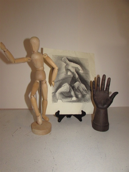 SIGNED & NUMBERED PENCIL DRAWING, POSEABLE MANNEQUIN, CAST IRON HAND