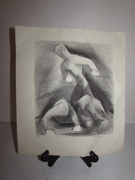 SIGNED & NUMBERED PENCIL DRAWING, POSEABLE MANNEQUIN, CAST IRON HAND