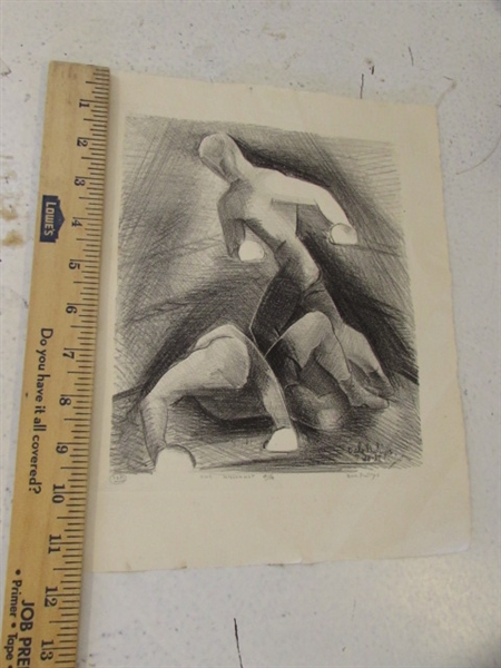 SIGNED & NUMBERED PENCIL DRAWING, POSEABLE MANNEQUIN, CAST IRON HAND