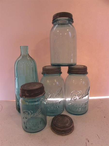 VINTAGE/ANTIQUE BLUE BALL JARS AND MEDICINE BOTTLE LOT