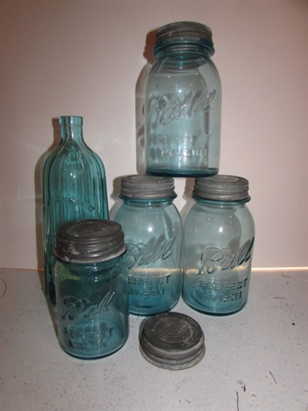 VINTAGE/ANTIQUE BLUE BALL JARS AND MEDICINE BOTTLE LOT