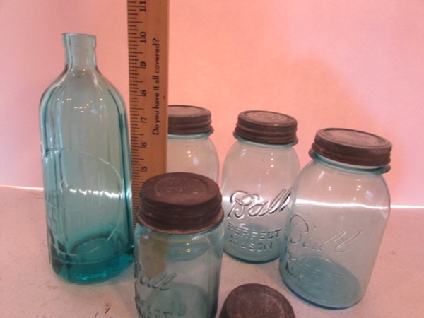 VINTAGE/ANTIQUE BLUE BALL JARS AND MEDICINE BOTTLE LOT