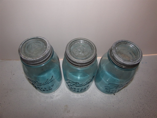 VINTAGE/ANTIQUE BLUE BALL JARS AND MEDICINE BOTTLE LOT