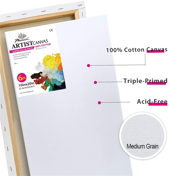  PHOENIX White Blank Cotton Stretched Canvas Artist Painting - 10x20 Inch / 6 Pack