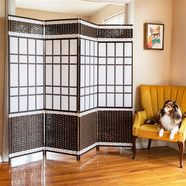  Belvadora Room Divider Screen 4 Panel Wood Mesh Black & White Woven Design